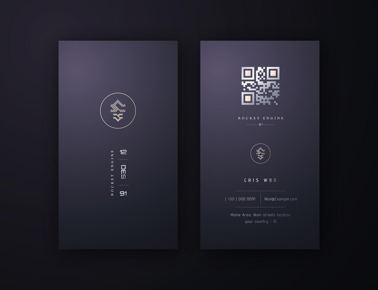 Vector masculine mastery vertical business card template purple business card a professional with qr code