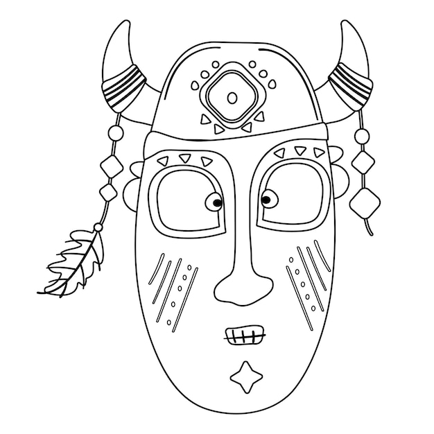 Maschera decorata con corna con piume e orecchino in stile piatto naif