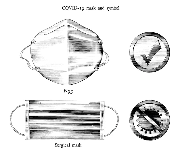 ベクトル コロナウイルス病2019（covid-19）を防ぐためのマスクし、分離されたシンボル彫刻イラストビンテージスタイルの黒と白のクリップアートを関連付ける