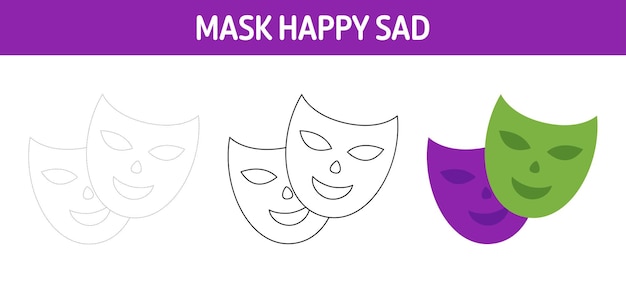 Mask Happy Sad traceer- en kleurwerkblad voor kinderen