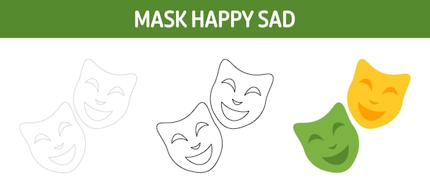 Mask Happy Sad tracing and coloring worksheet for kids