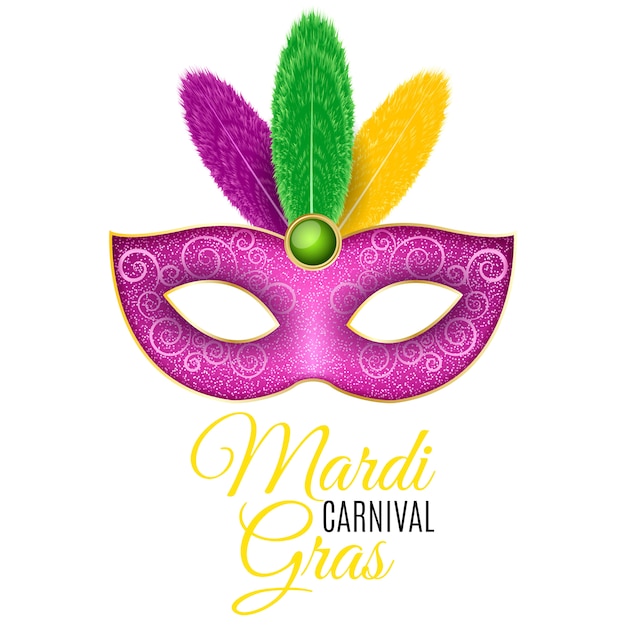 Маска для карнавала Марди Гра. Роскошная маска с красочными перьями на белом фоне.