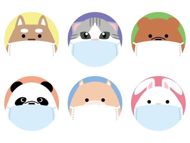 Masked animal face icon set Round shape