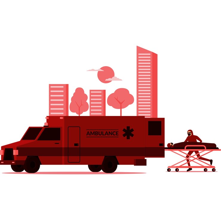 Vector masked medical staff picking up the patient to the ambulance illustration