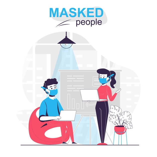 Masked people isolated cartoon concept employees wearing masks are working in office