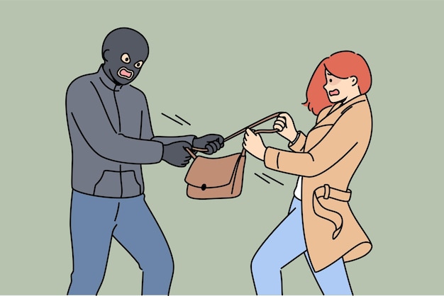 ベクトル マスクをかぶった強盗は警察や通行者から助けを求めて叫ぶ怖がった女性からバッグを取ります