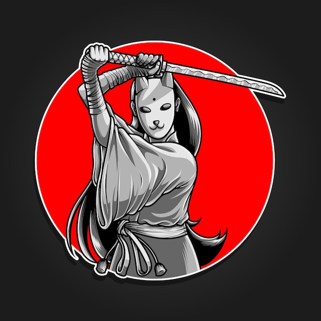 Vector masked samurai girl holding katana