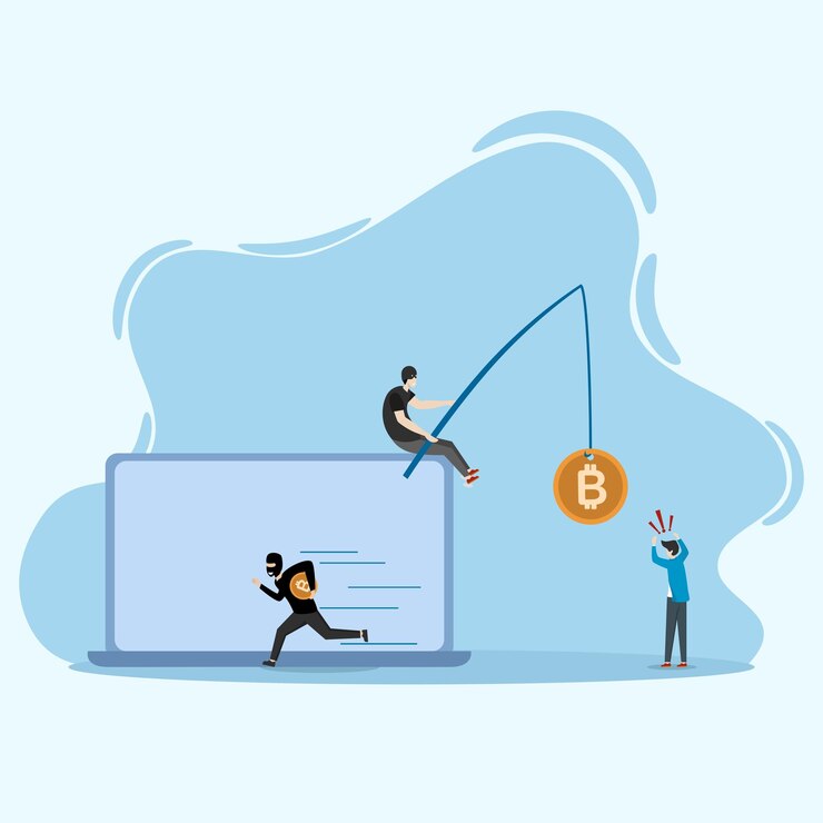 Vector masked scammer steals cryptocurrency on laptop. thief steals bitcoins. criminals steal cryptocurrenc