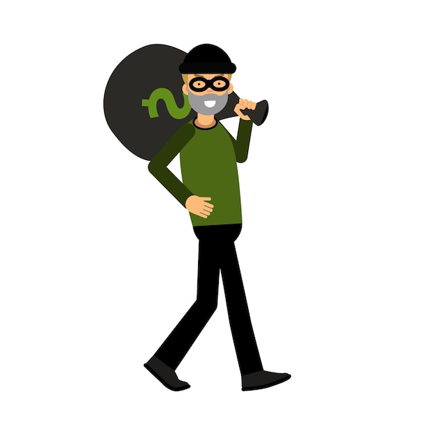 Vettore personaggio ladro mascherato che porta una grande borsa di soldi illustrazione vettoriale su sfondo bianco