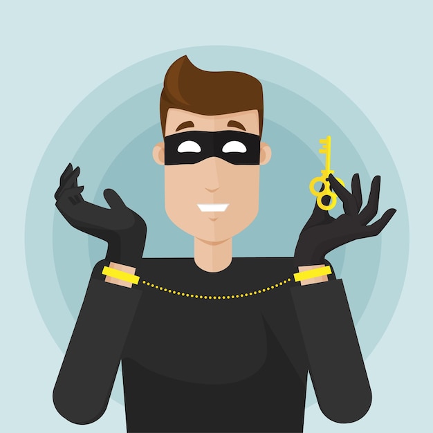 The masked thief is arrested. the thief has handcuffs, chains on his hands, but the thief has the key to freedom. thief removes handcuffs with a key