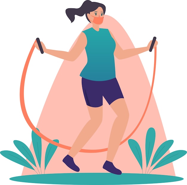 Vector masked woman exercising using jumping rope at home illustration