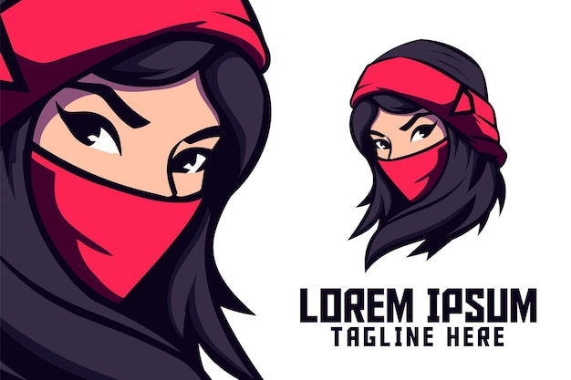 Masked Woman Icon Badge Emblem and Ninja Girl Mascot Head Logo for Esport