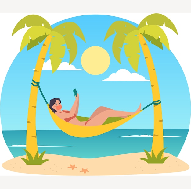 Masked woman sunbathing on the beach during holiday illustration