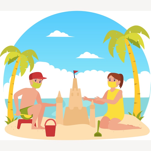 Masked young kids are building a sand castle at the beach during holiday illustration