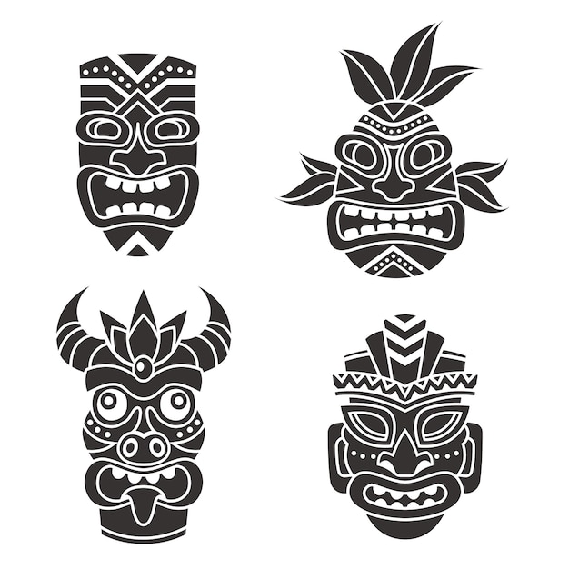 Masker idool Ritueel zwarte totem tribale gezichtsmaskers god tiki Afrikaanse cultuur Etnische Maya Azteekse en Polynesische Aboriginal symbolen Oude tropische religie standbeeld vector geïsoleerde silhouetten set