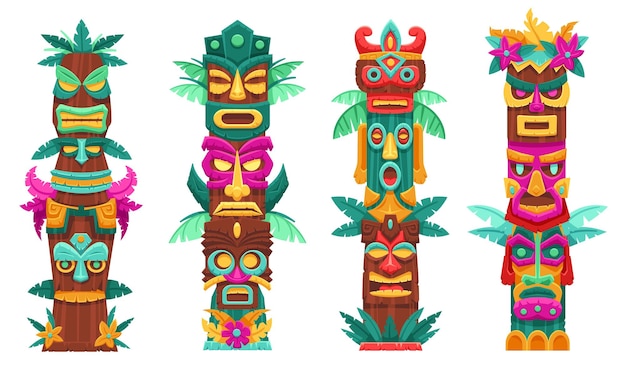 Vector masker totempalen traditionele tribale sculpturen eiland tiki goden gezichten en houten totem standbeelden