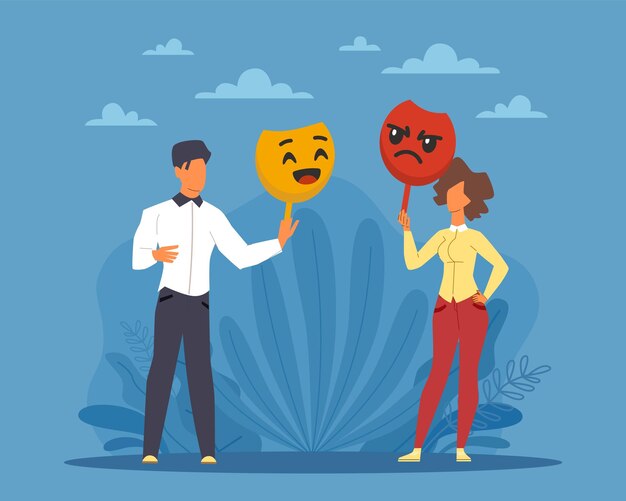 Vector masking true emotions and feelings false social identity pretense and hypocrisy emotional intellect people hold masks psychology and mental health vector cartoon flat concept