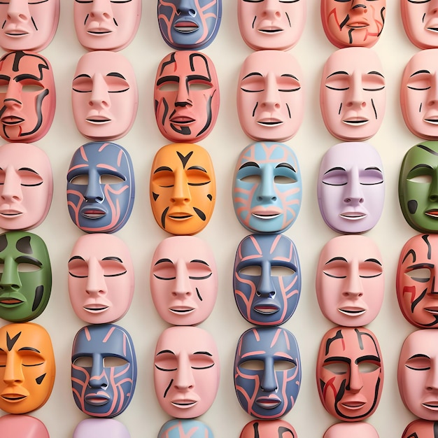 Vector masks with different facial expressions 3d illustration seamless pattern