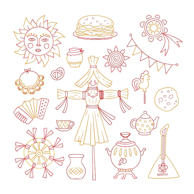 Vector maslenitsa. pancake week elements - pancake, samovar, candy, balalaika, sun, scarecrow of winter, sour cream, accordion. shrovetide.