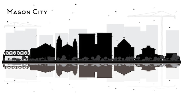 Mason city iowa city skyline silhouette con edifici neri e riflessi isolati su bianco. illustrazione di vettore. concetto di turismo con architettura storica. mason city cityscape con punti di riferimento.