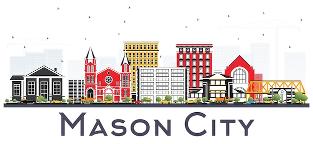 Mason city iowa skyline met kleur gebouwen geïsoleerd op een witte achtergrond. vectorillustratie. zakelijke reizen en toerisme illustratie met historische architectuur.