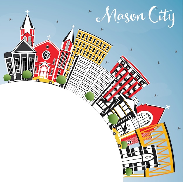 Mason city iowa skyline with color buildings, blue sky and copy space. vector illustration. business travel and tourism illustration with historic architecture.