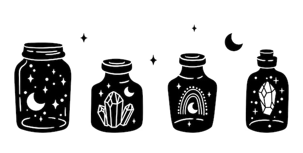 Mason jar clipart bundel Hemelse magische pot zwart-wit glazen flessen geïsoleerde items