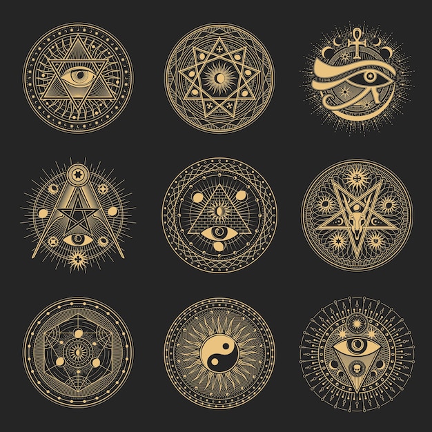 Mason signs occult and esoteric pentagram symbols vector magic tarot with Ankh and Horus eye Occult pentagrams with Yin Yang Baphomet devil skull and freemason illuminati heptagram stars