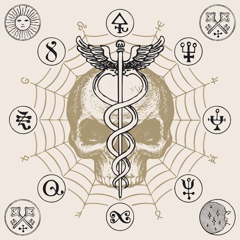 Premium Vector | Masonic emblem with caduceus and skull