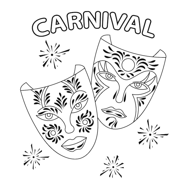 Masquerade carnival masks and fireworks, Mardi Gras. Illustration, sketch for coloring, vector