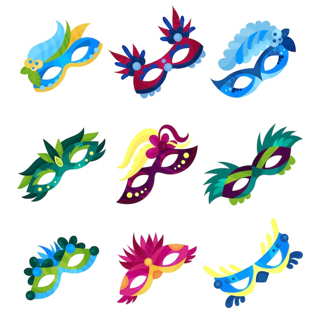 Masquerade masks set, colorful carnival masks with feathers   illustrations