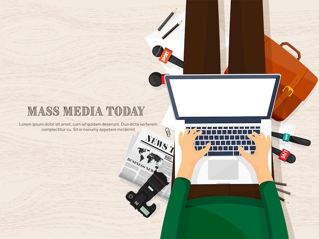 mass media background with microphone in a flat style press conference with correspondent and