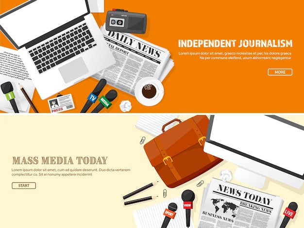 Vector mass media background with microphone in a flat style press conference with correspondent and