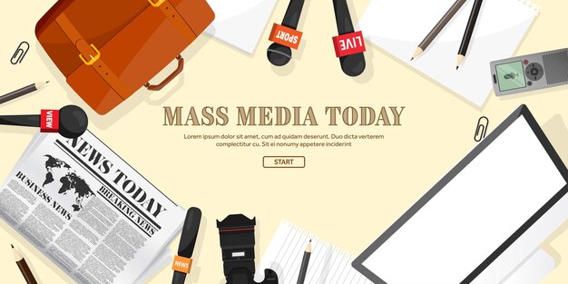 Vector mass media background with microphone in a flat style press conference with correspondent and