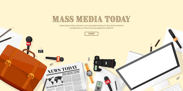 Vector mass media background with microphone in a flat style press conference with correspondent and
