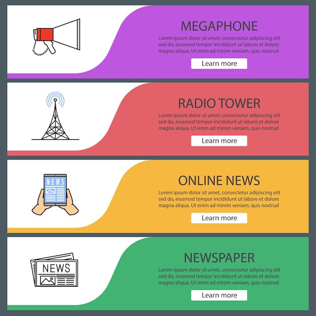 Vettore set di modelli di banner web di mass media. megafono, torre tv o radio, notizie online, giornali. voci di menu a colori del sito web. concetti di design delle intestazioni vettoriali