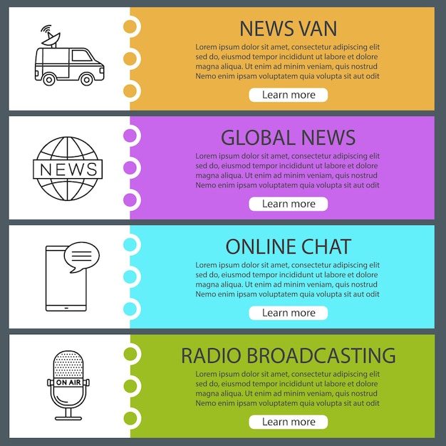 Mass media web banner templates set. Satellite truck, global news, online chat, radio broadcasting. Website color menu items with linear icons. Vector headers design concepts