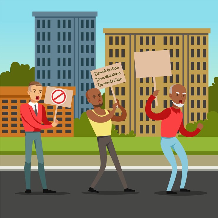 Vector mass protest, multicultural group of young adults claiming their demands