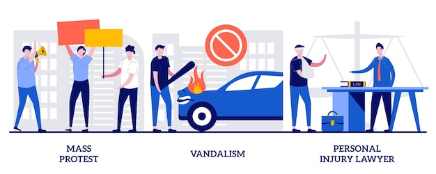 Mass protest, vandalism, personal injury lawyer concept with tiny people. riots outrage vector illustration set. demonstration, political rights, racial equity, law enforcement, damage metaphor.