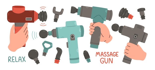 Vector massage gun set isolated on white background. vector illustration