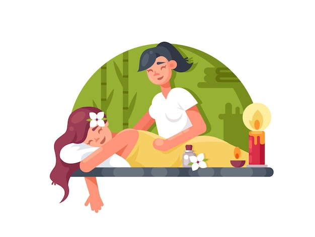 Vector massage room spa. masseuse makes cosmetic procedures girl. vector illustration