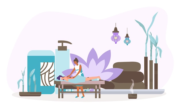 Massage spa therapy concept vector illustration tiny woman person character care about client wellness body relax with stonetherapy