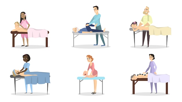 Massage therapy set. doctors with patients as women, men and babies.