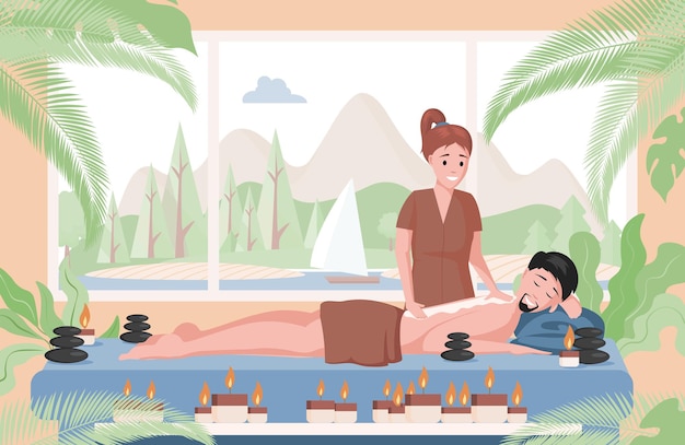 Massagetherapeut beoefenen van massage op liggende man illustratie