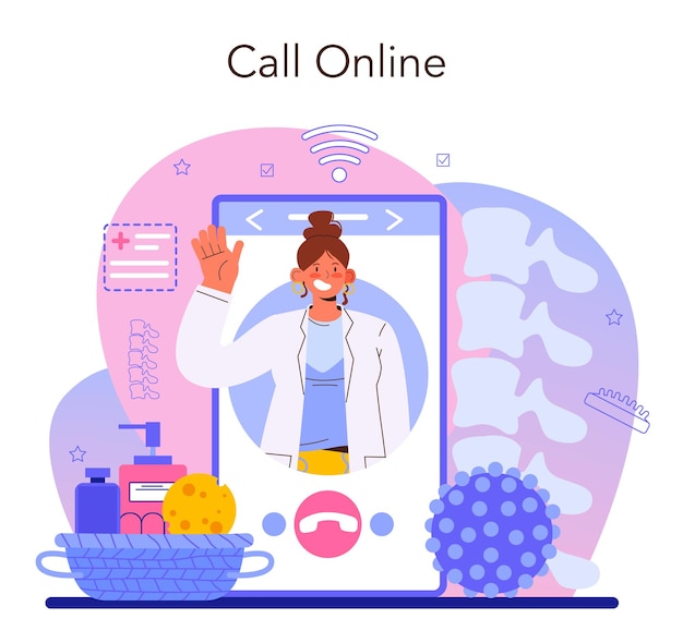 Masseur online service or platform. massage back treatment and relaxation therapy. therapist massaging a client on table. online call. flat vector illustration