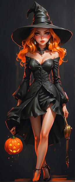 Vector masterpiece high heels a stunningly beautiful young witch with orange eyes and black hat