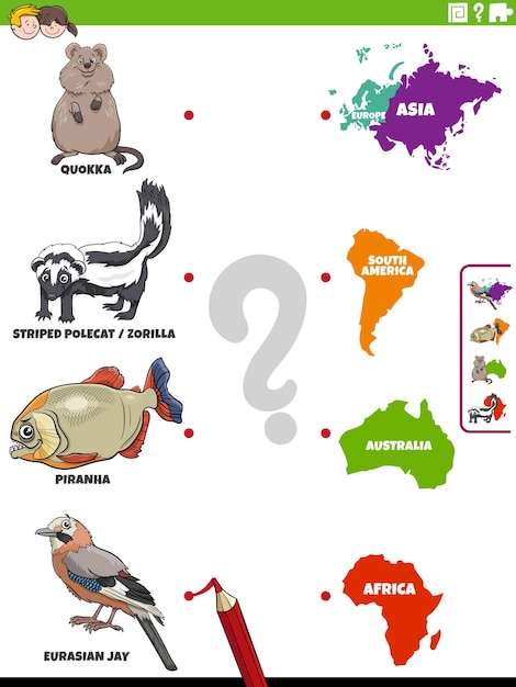 Vector match animal species and continents educational activity