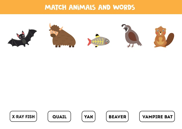 動物と言葉を一致させます。ヤク、ウズラ、ビーバーなどの教育的論理ゲーム。