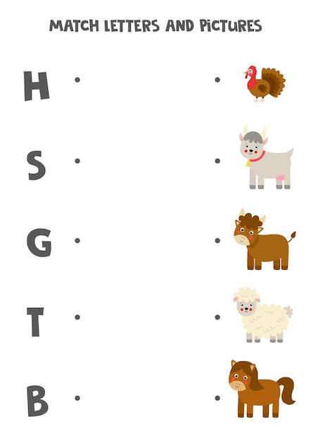 Match beginning letters and farm animals. educational game for kids. worksheet for children.