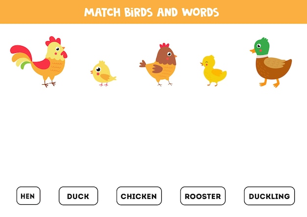 Match boerderijdieren en geschreven woorden. logische puzzel voor kinderen. afdrukbaar werkblad.